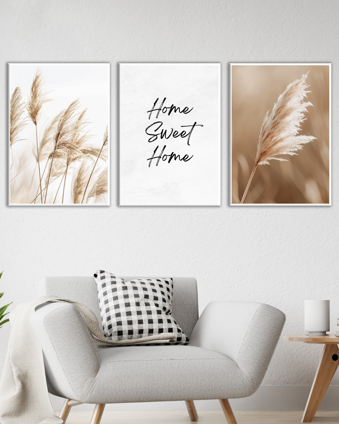 Tríptico minimalista con frase Home Sweet Home y naturaleza