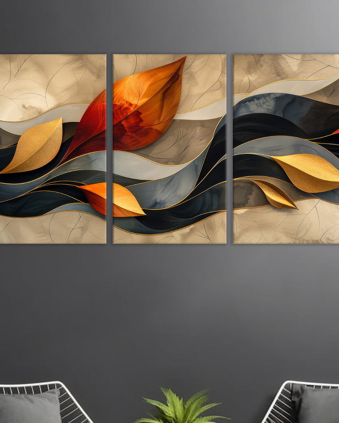 Cuadro Tríptico Abstracto con Hojas Doradas