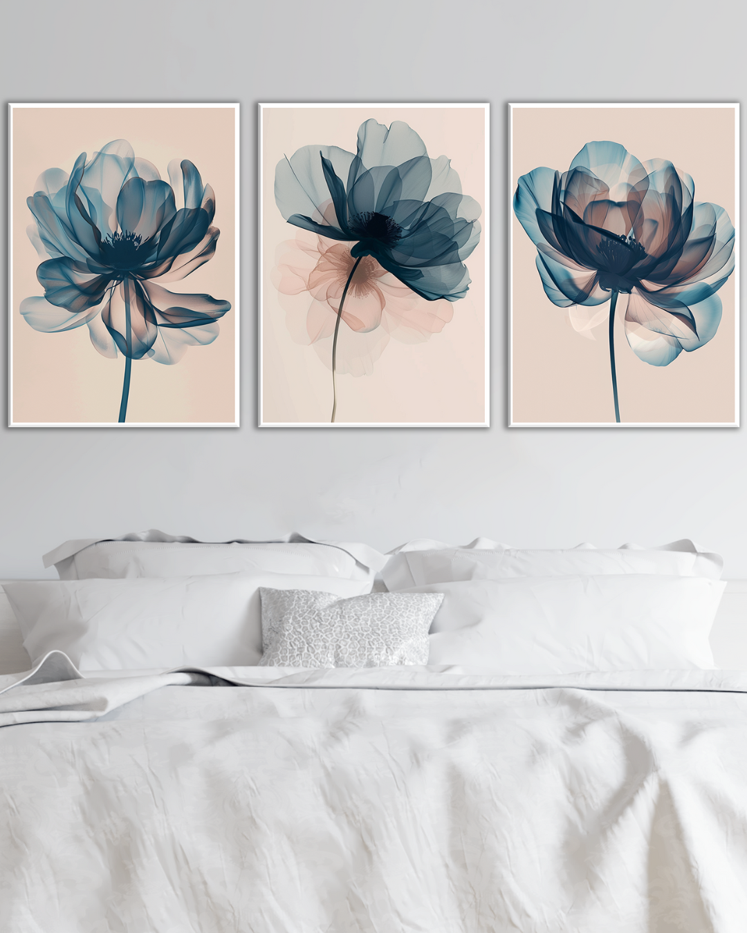 Cuadro Tríptico Moderno de Flores Azules Translúcidas