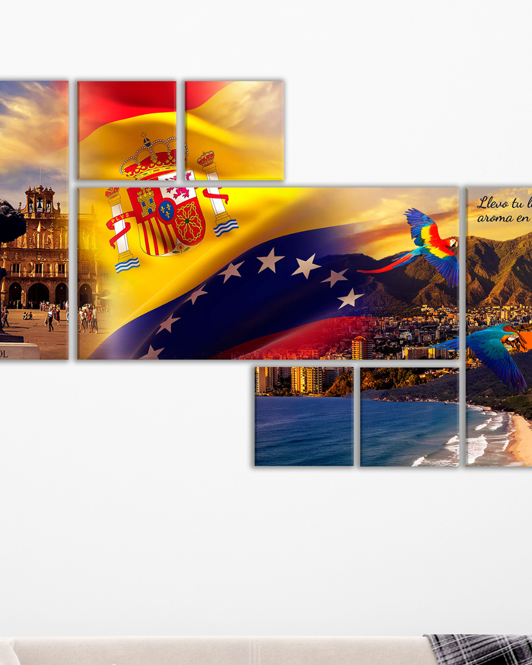 Cuadro España y Venezuela | Banderas, Ávila y Guacamayas con Frase Emotiva