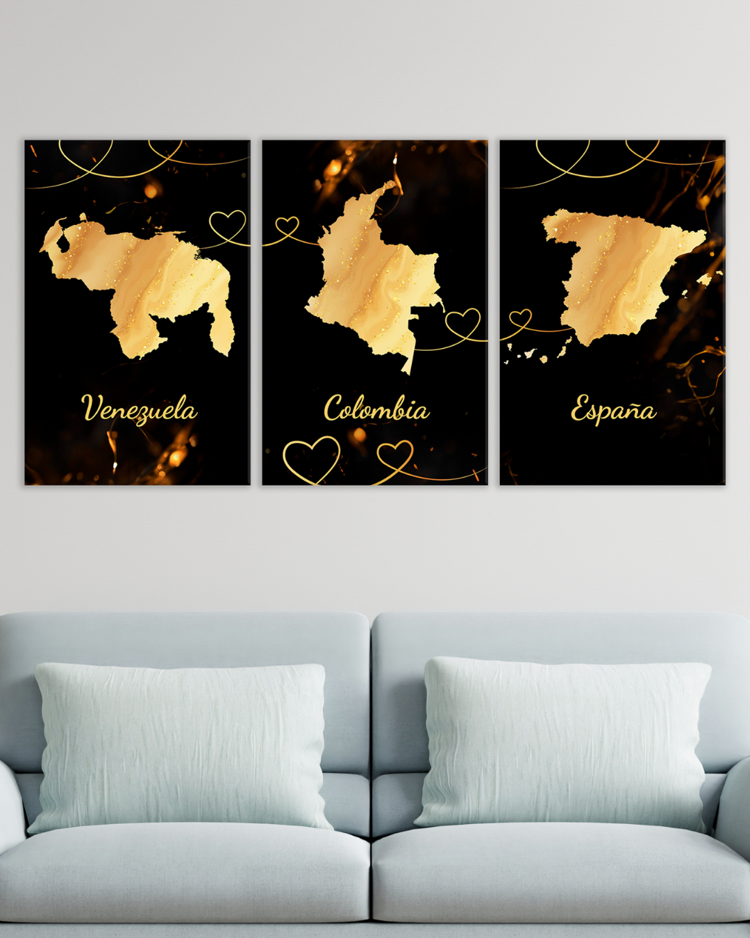 Set de Cuadros Mapas Venezuela, Colombia y España en Dorado