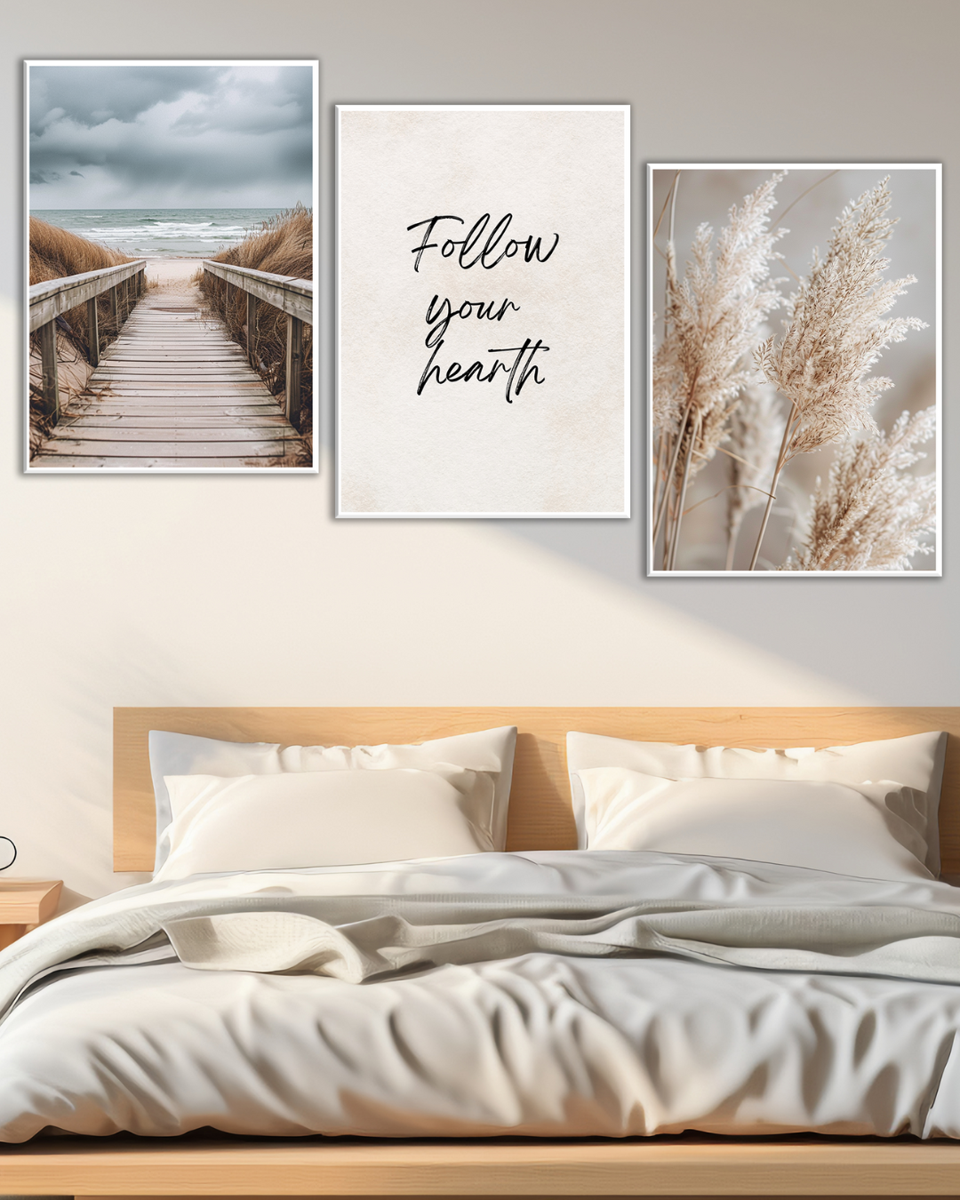 Tríptico decorativo de playa y naturaleza con frase motivadora