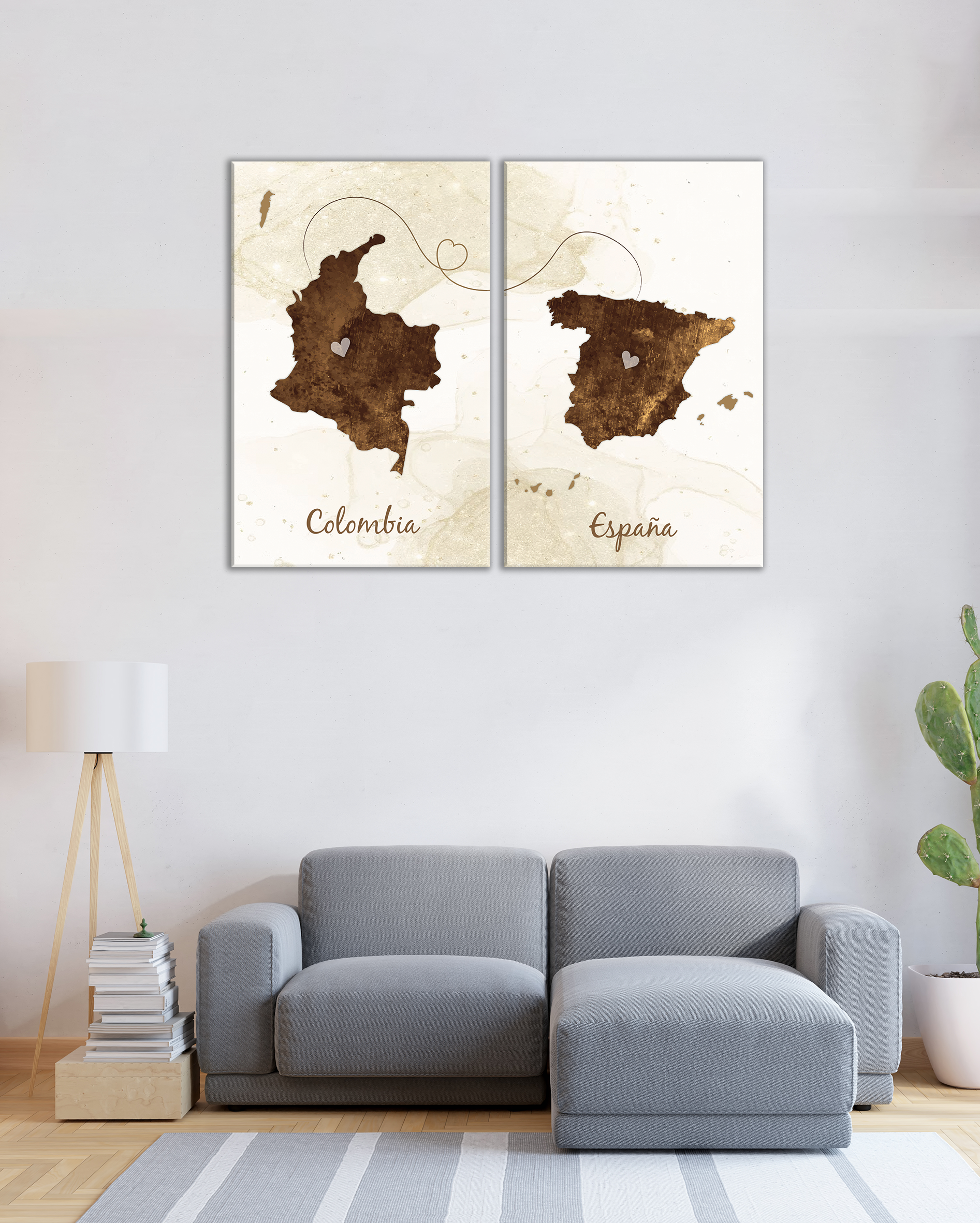 Cuadros mapas Colombia y España en tonos marron