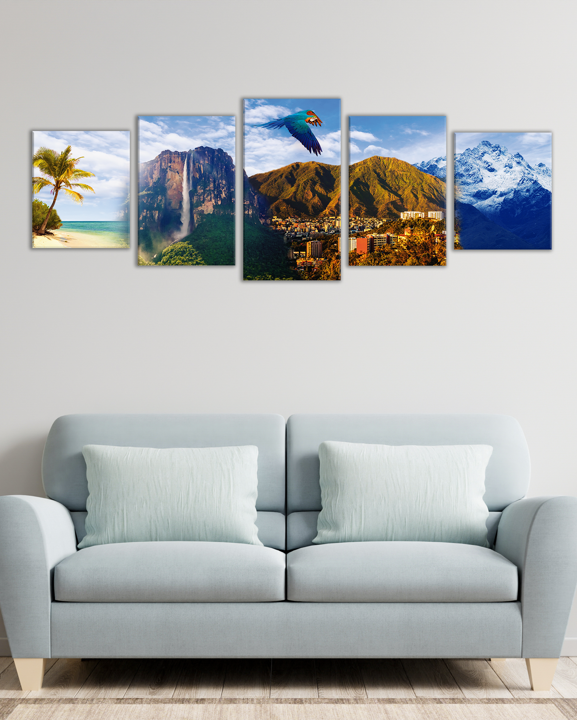 Cuadro de paisajes icónicos de Venezuela – Playa, Salto Ángel, Ávila y Pico Bolívar
